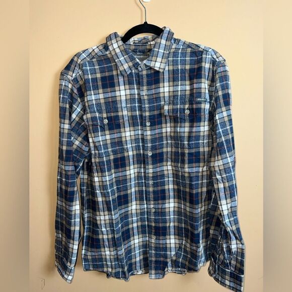 Eddie Bauer Navy & Tan Plaid Print Long Sleeve Classic Fit Button Down Large - Picture 1 of 5